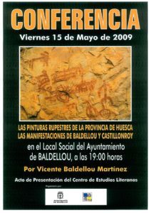 Cartel de la conferencia «Las pinturas rupestres de la provincia de Huesca. Las manifestaciones de Baldellou y Castillonroy»