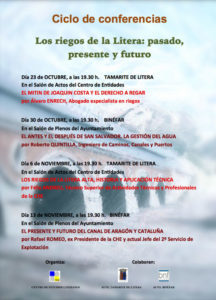 Cartel del ciclo de conferencias 'Los riegos de la Litera: pasado‚ presente y futuro'